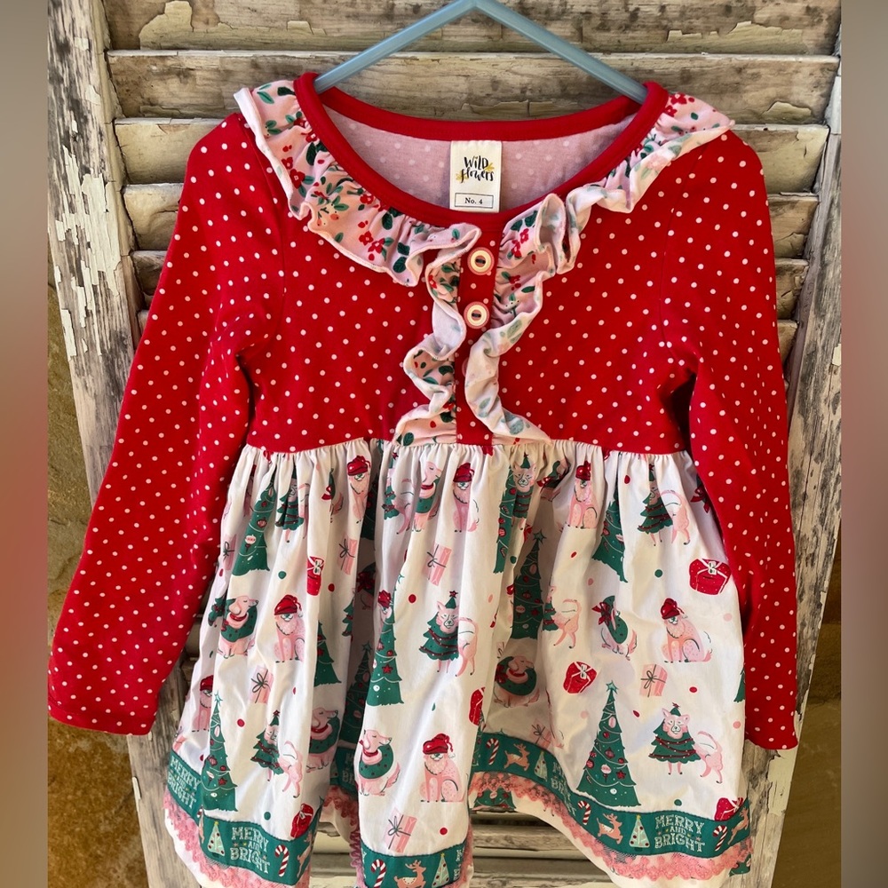 Wildflowers Christmas girls Dog Shirt Tunic  Sz 4 Holidays